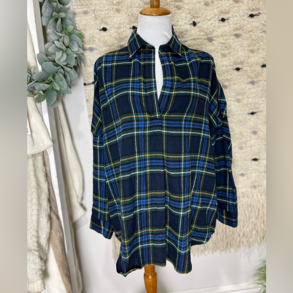 NWT French connection blue and green plaid flannel tunic size S